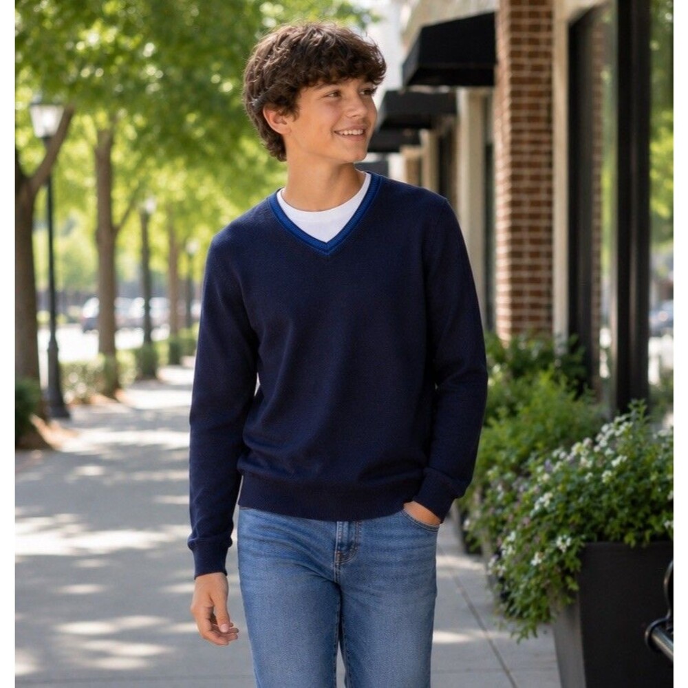 Old Navy Boys Lightweight Solid Navy Blue Cotton V-Neck Pullover Sweater XXL NWT